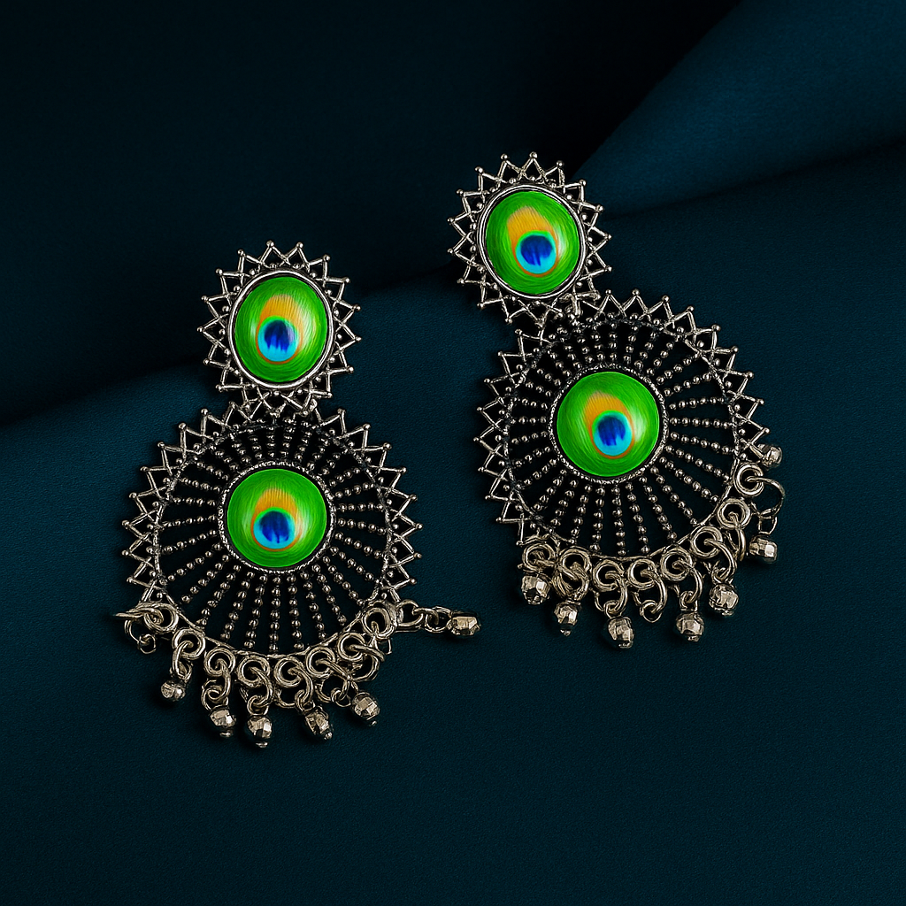 Peacock Feather Oxidised Dangler Earrings - Under ₹60