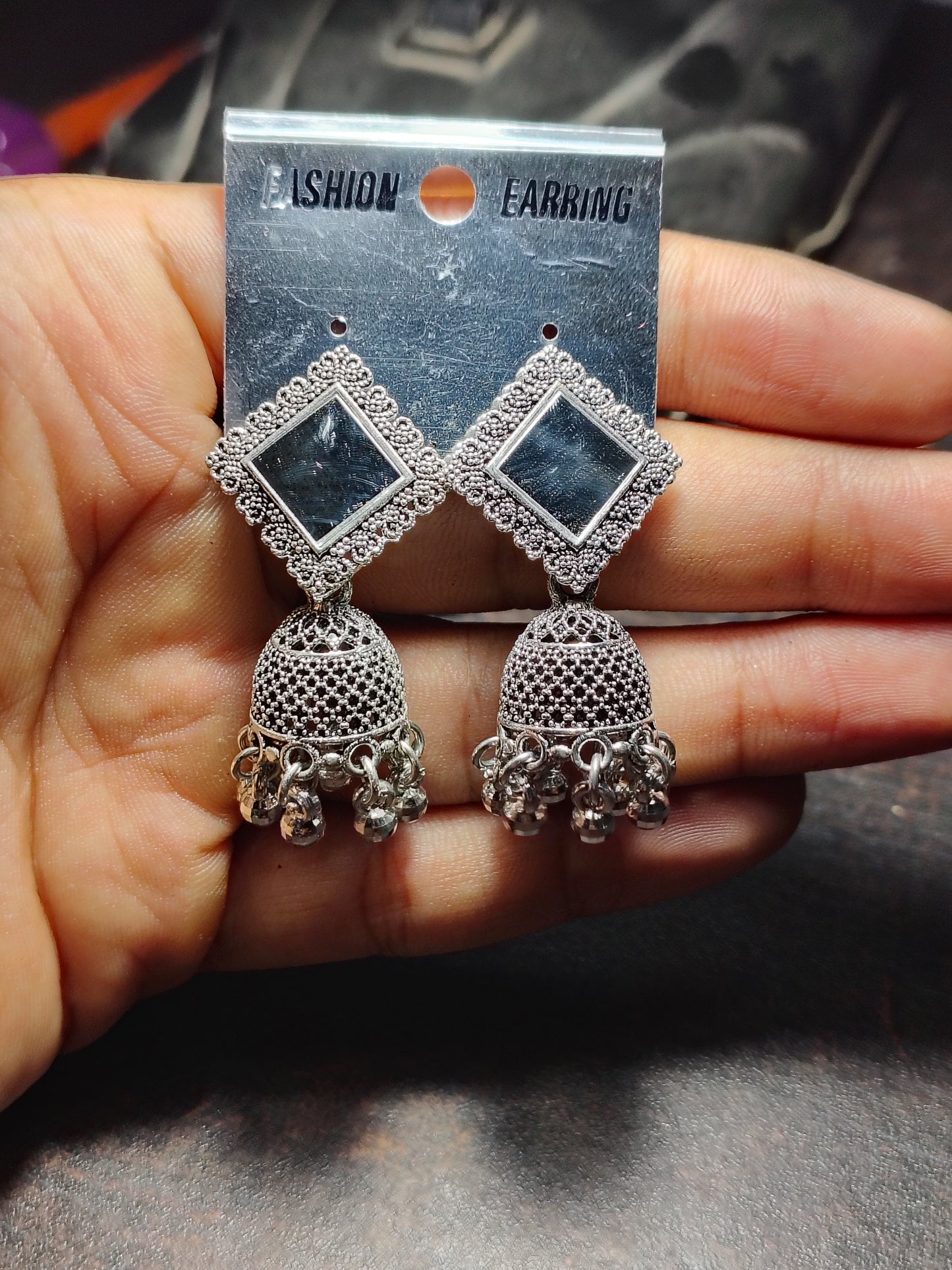Mirror Shine Oxidised Jhumka Earrings - Under ₹60