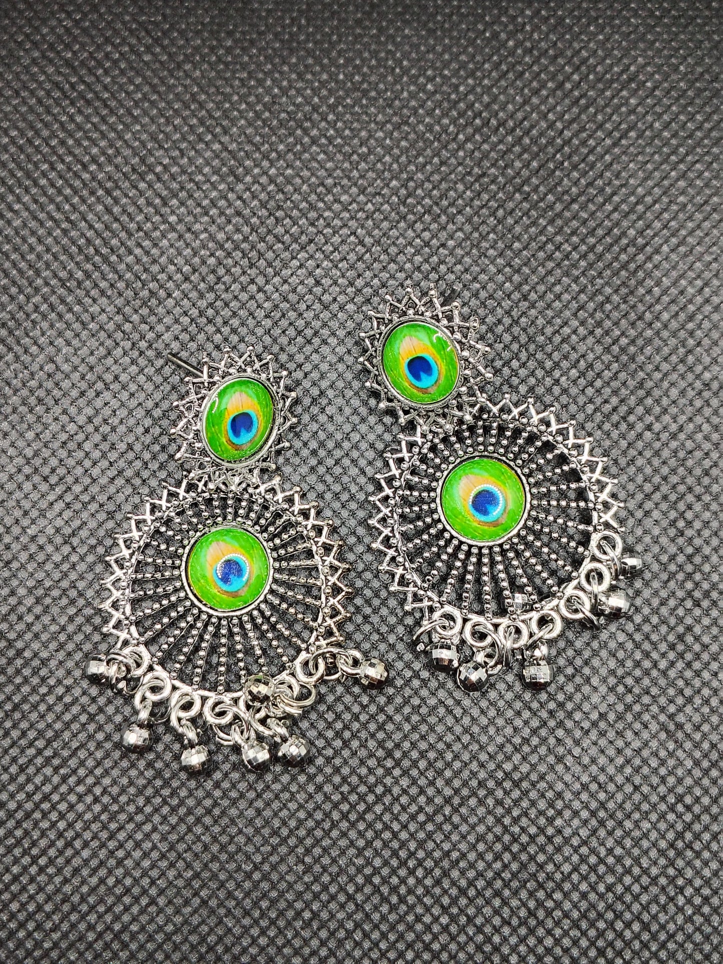 Peacock Feather Oxidised Dangler Earrings - Under ₹60