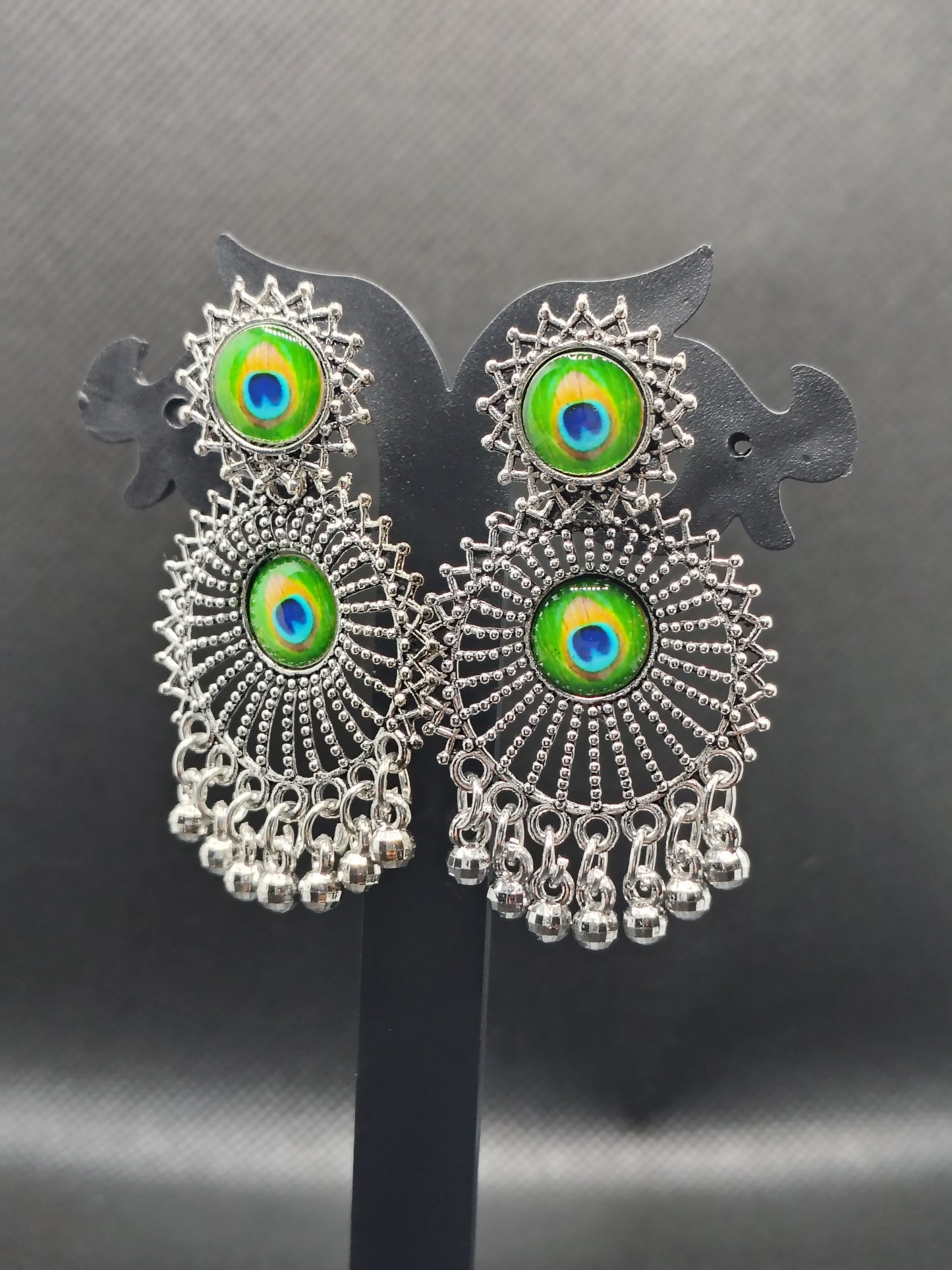 Peacock Feather Oxidised Dangler Earrings - Under ₹60