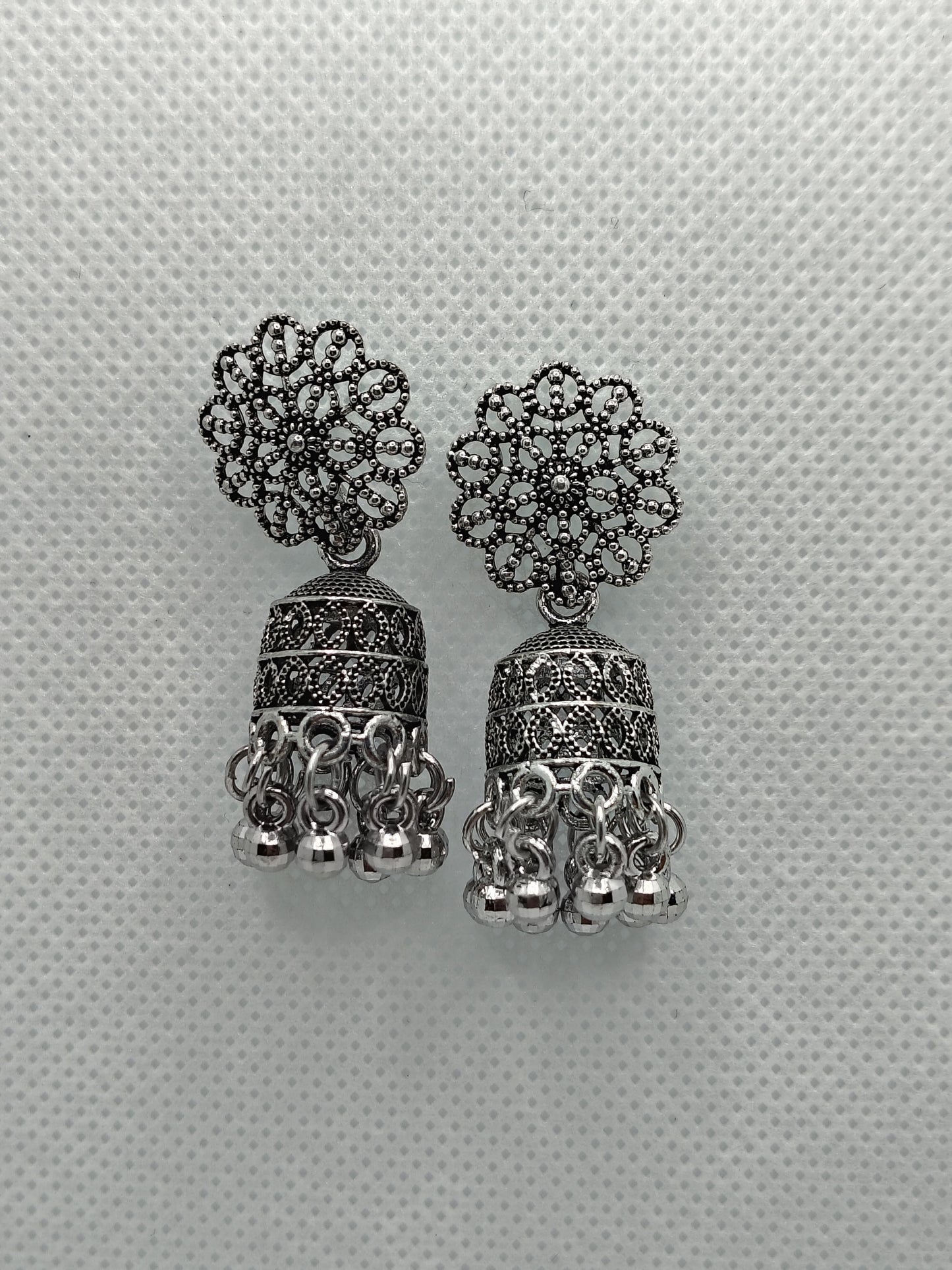Vintage Floral Filigree Oxidised Jhumkas - Under ₹60