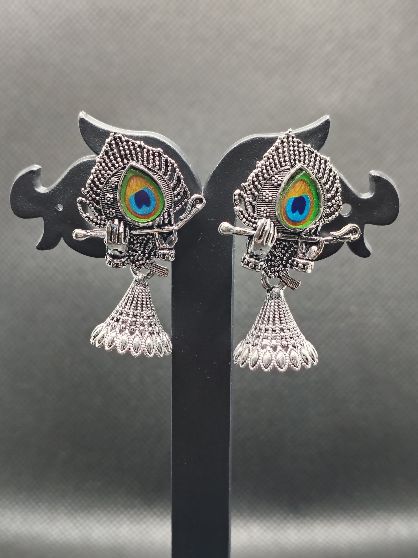 Oxidised Krishna Flute Earrings with Peacock Feather – Under 60₹