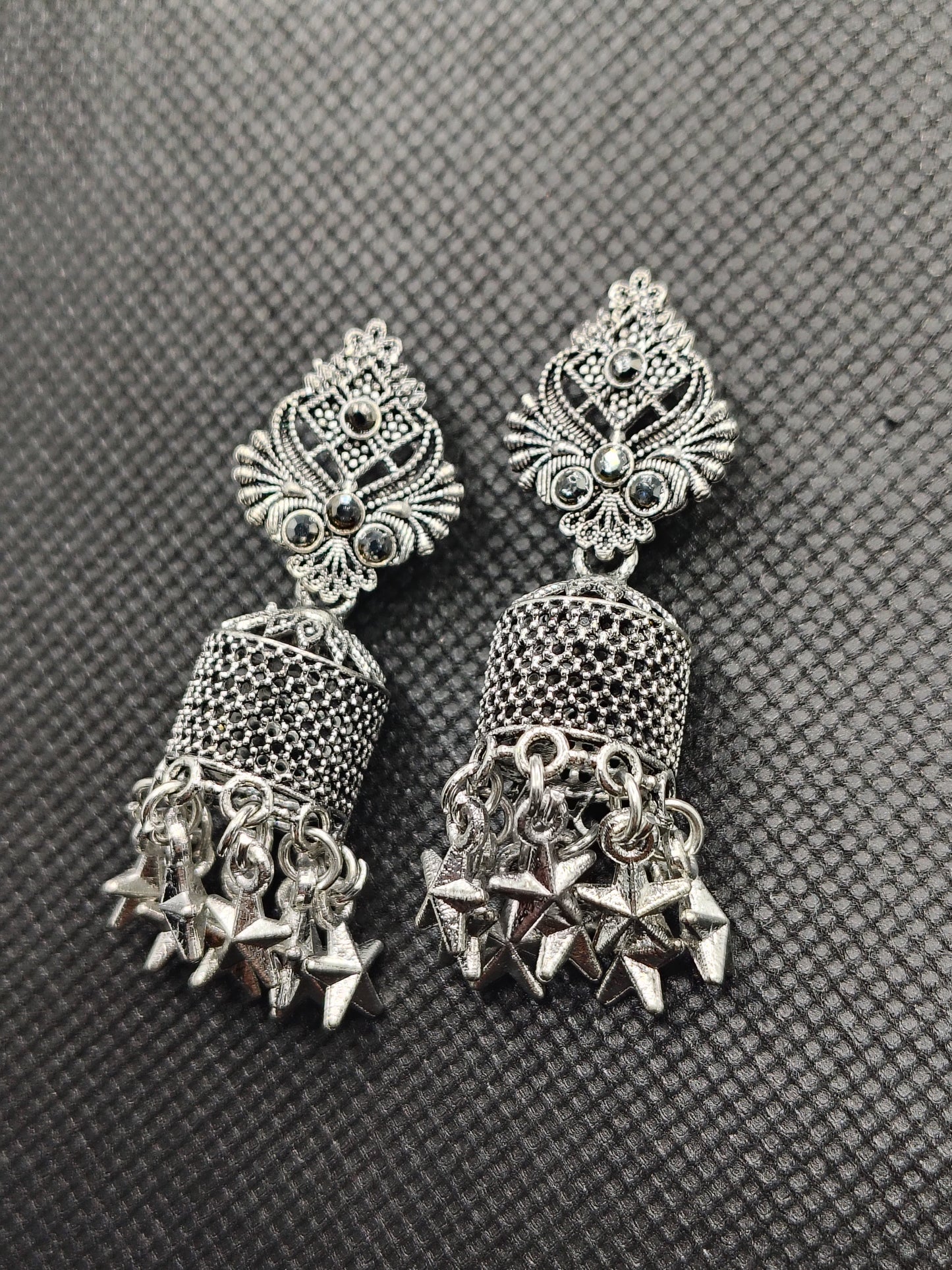 Vintage Oxidized Silver Jhumka Earrings with Star Charms – Under 60₹