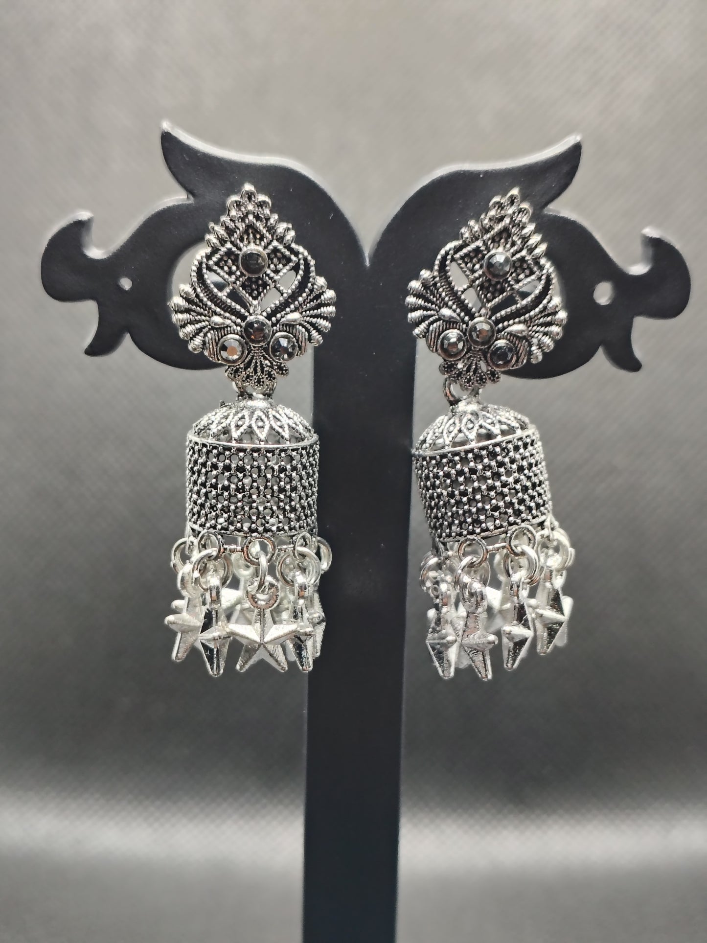 Vintage Oxidized Silver Jhumka Earrings with Star Charms – Under 60₹