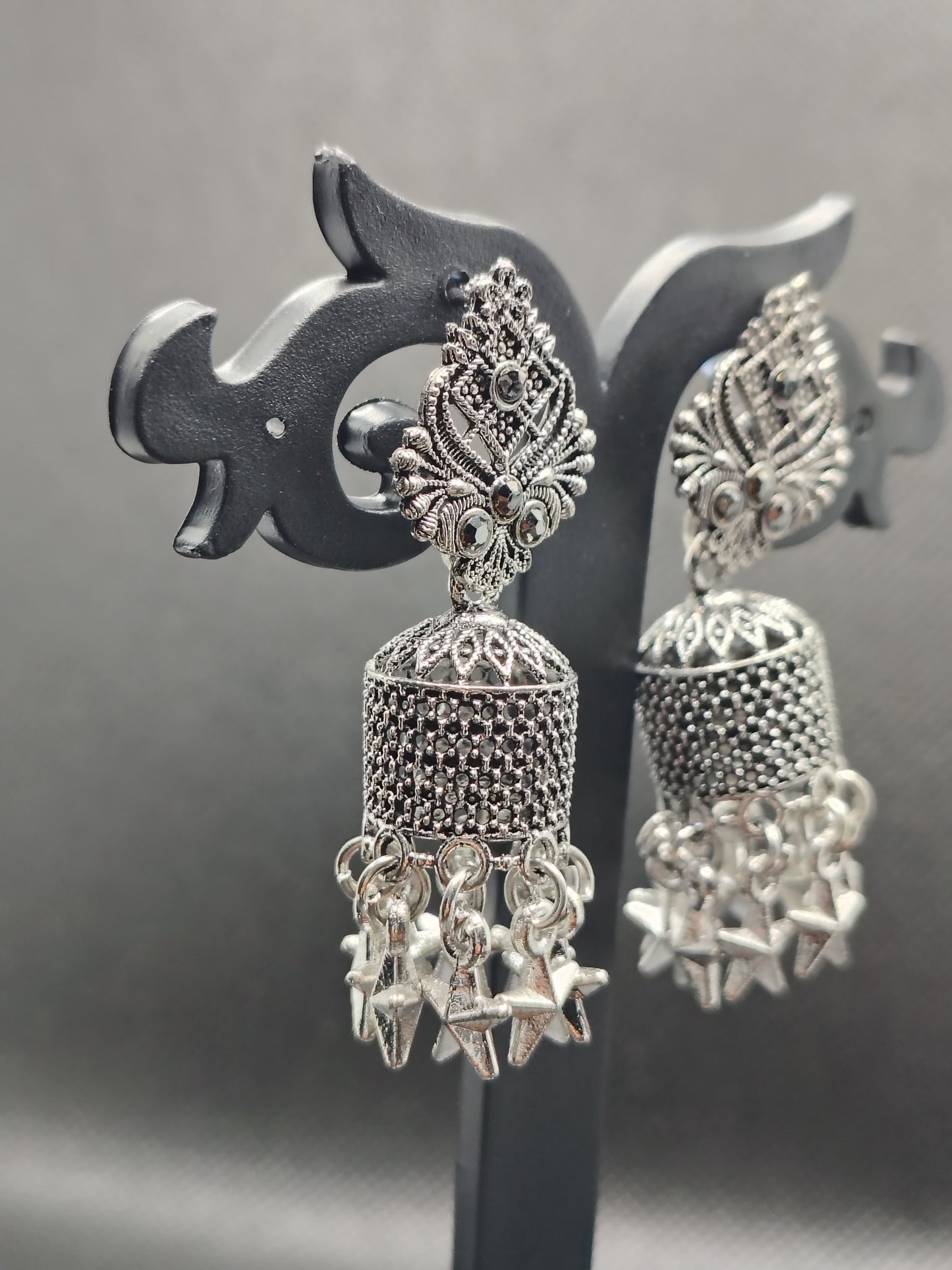 Vintage Oxidized Silver Jhumka Earrings with Star Charms – Under 60₹