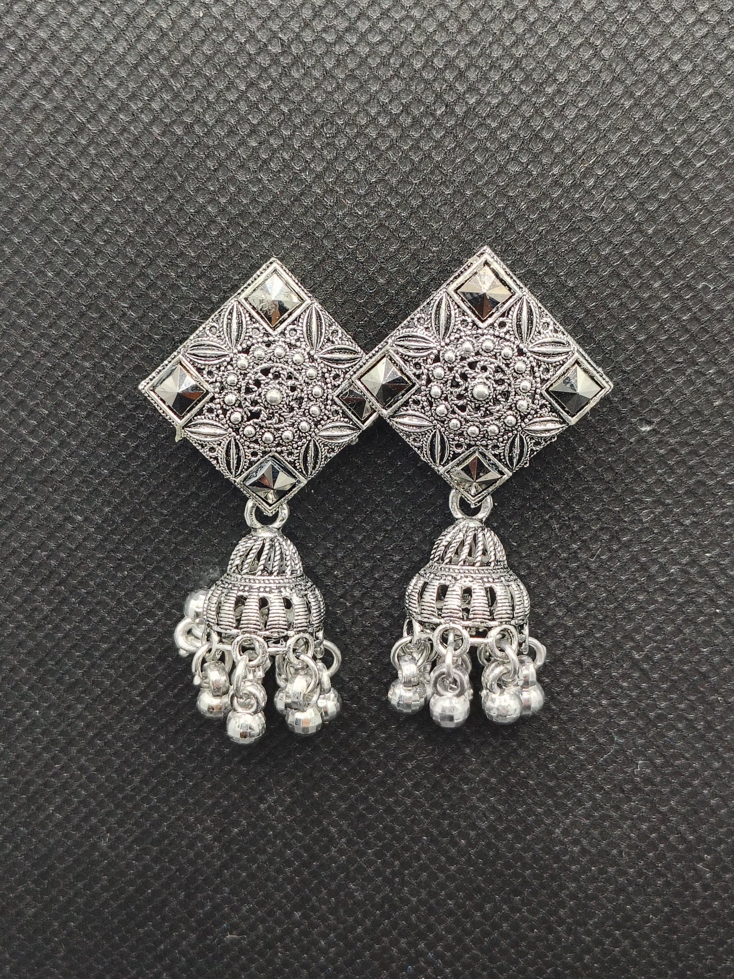 Geometric Oxidized Silver Square Jhumka Earrings – Under 60₹