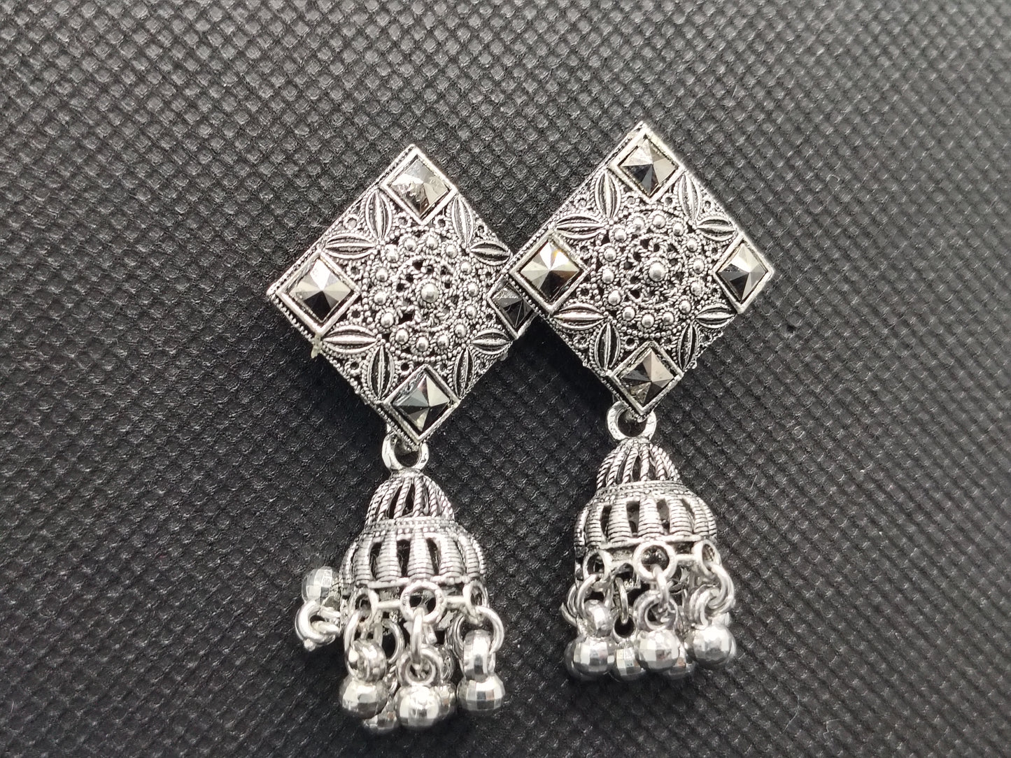 Geometric Oxidized Silver Square Jhumka Earrings – Under 60₹