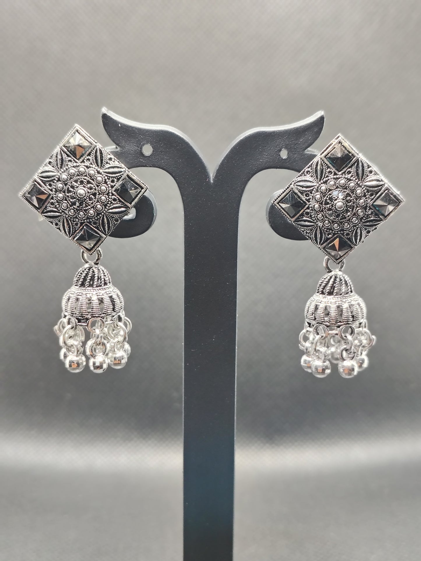 Geometric Oxidized Silver Square Jhumka Earrings – Under 60₹