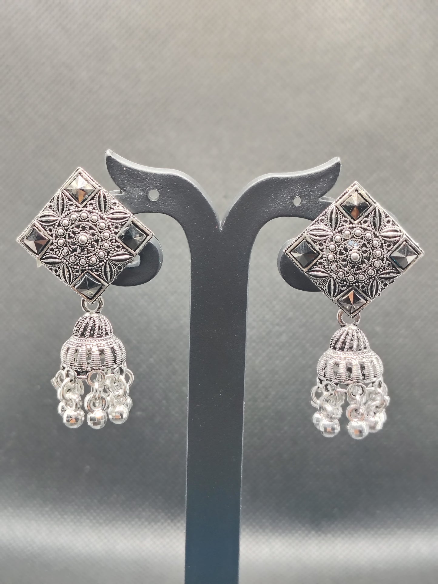 Geometric Oxidized Silver Square Jhumka Earrings – Under 60₹
