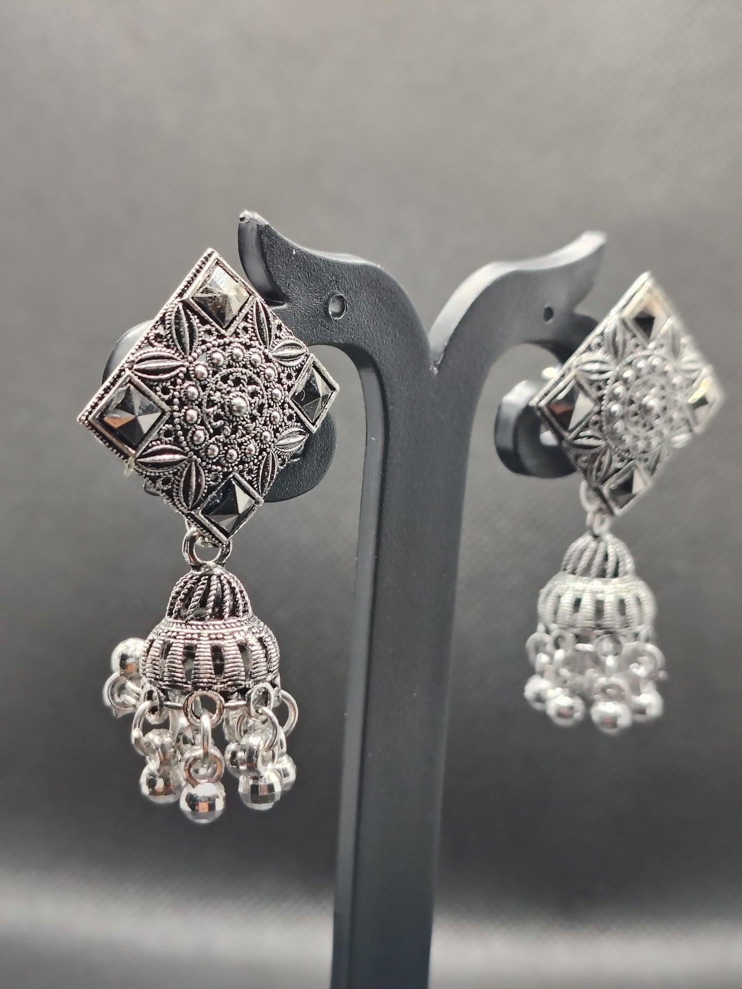 Geometric Oxidized Silver Square Jhumka Earrings – Under 60₹