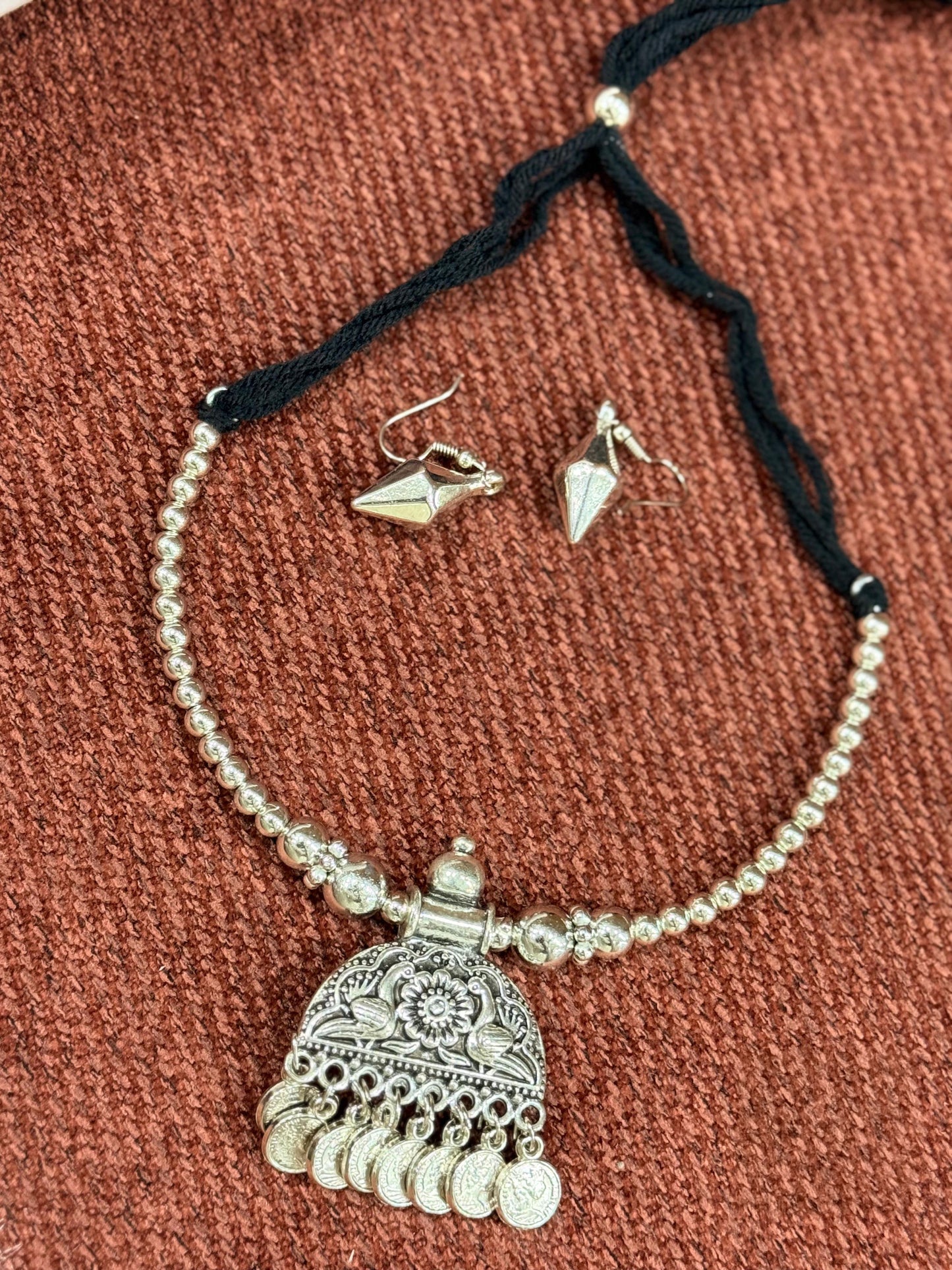 Oxidised Silver Coin Pendant Necklace Set – 90% OFF | Buy at ₹199