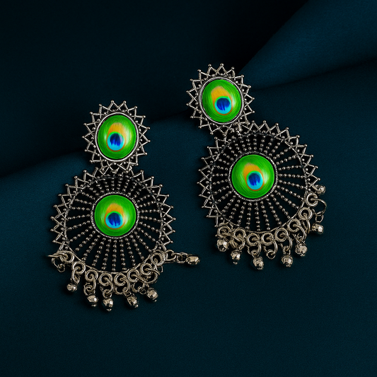 Peacock Feather Oxidised Dangler Earrings - Under ₹60