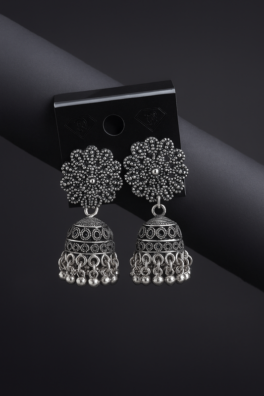 Vintage Floral Filigree Oxidised Jhumkas - Under ₹60