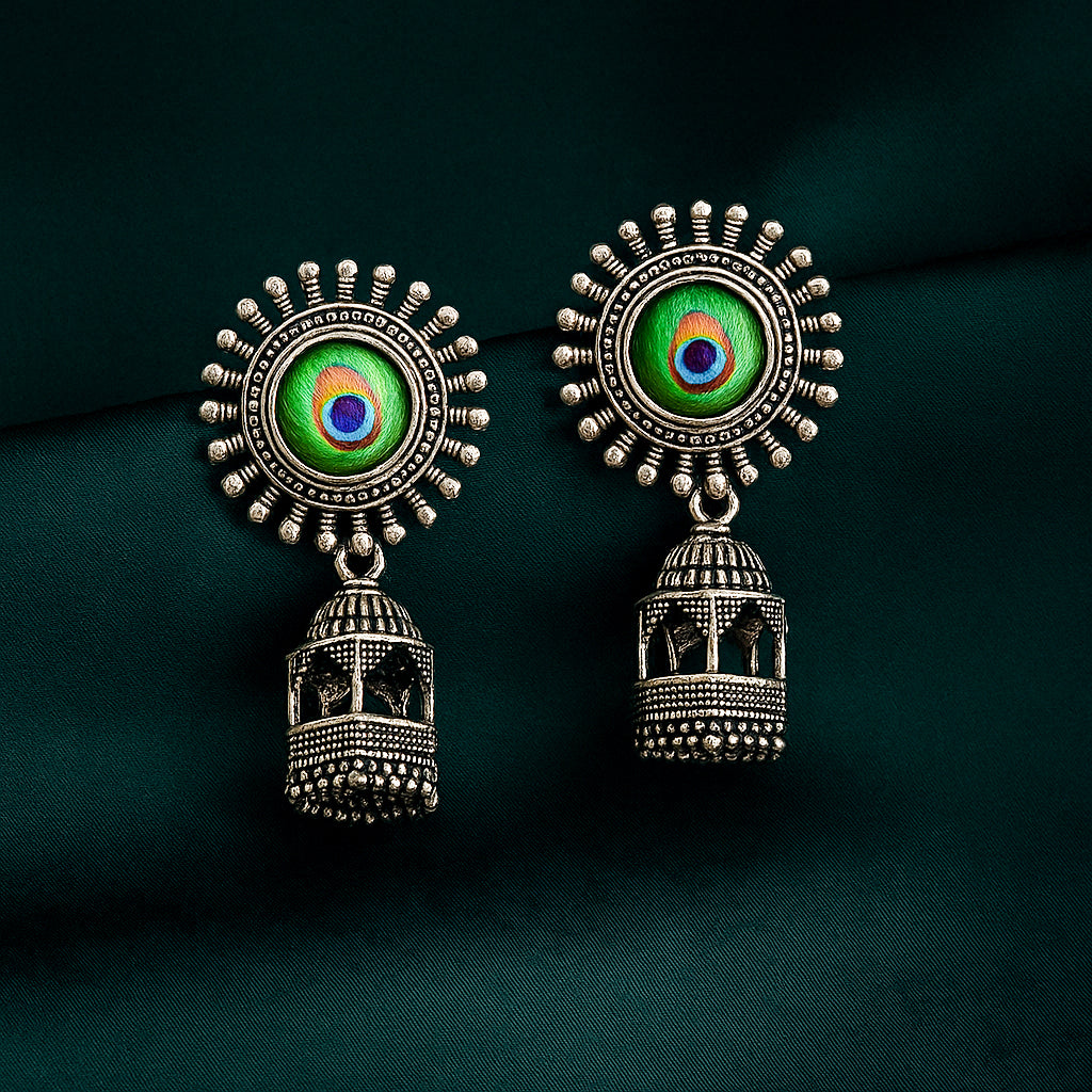 Peacock Dome Oxidised Temple Jhumkas - Under ₹60