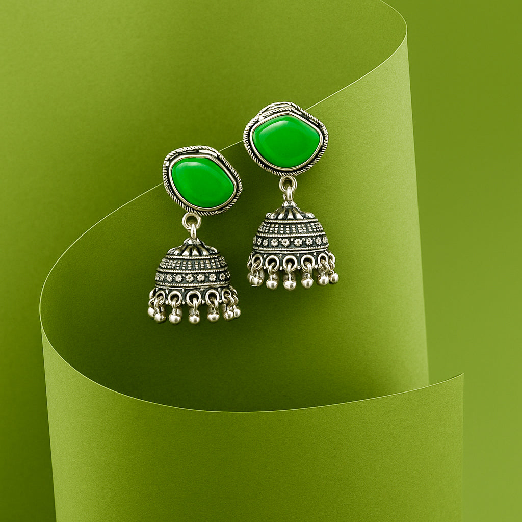 Emerald Drop Oxidised Jhumka Earrings - Under ₹60