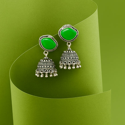 Emerald Drop Oxidised Jhumka Earrings - Under ₹60