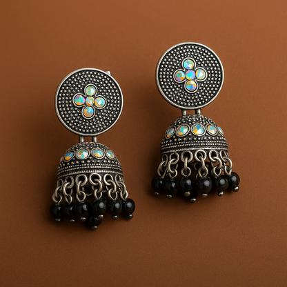 Oxidised Silver Black Beads Jhumka Earrings – Under 60₹