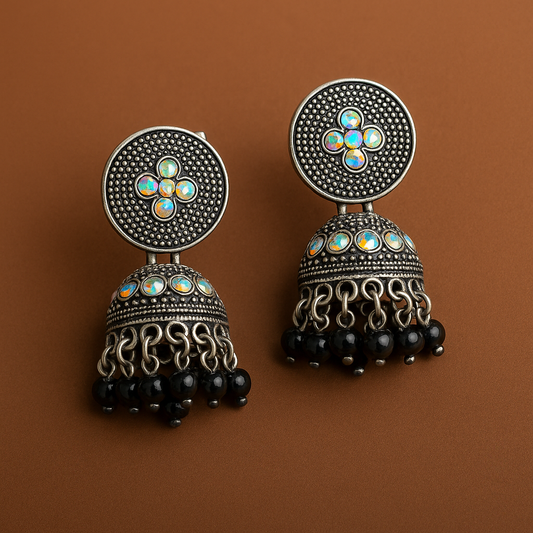 Oxidised Silver Black Beads Jhumka Earrings – Under 60₹