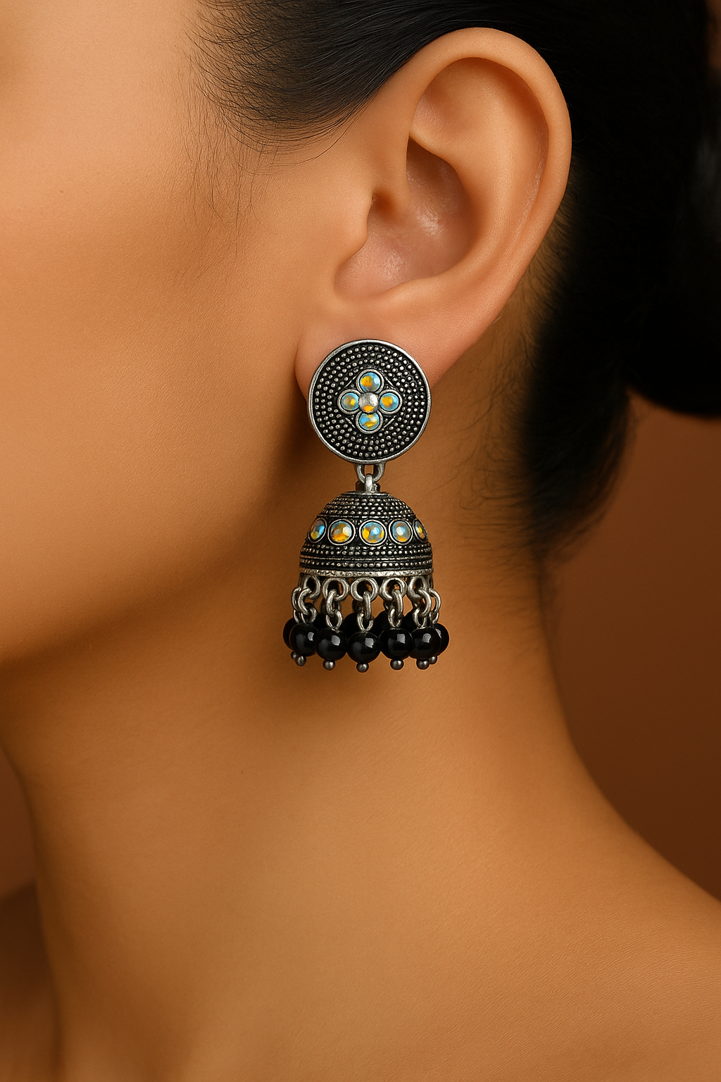 Oxidised Silver Black Beads Jhumka Earrings – Under 60₹
