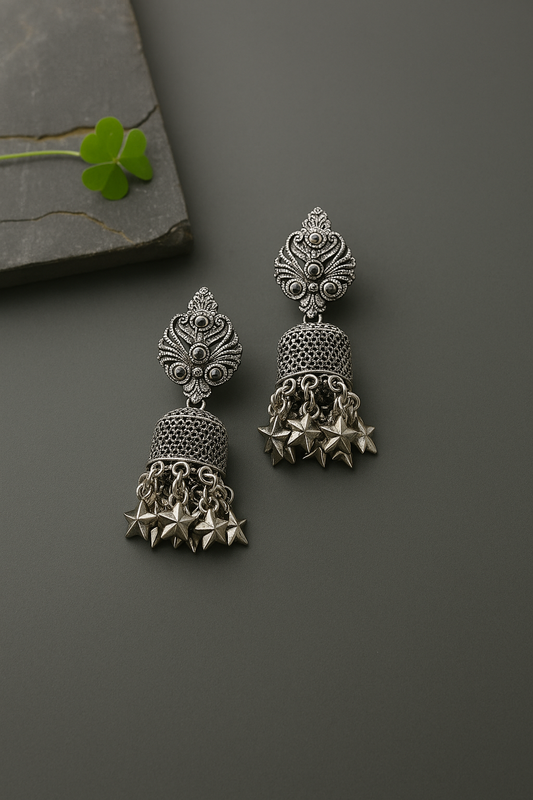 Vintage Oxidized Silver Jhumka Earrings with Star Charms – Under 60₹