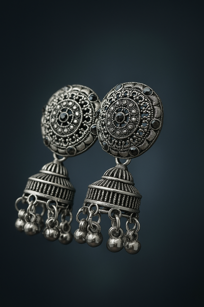 Classic Oxidized Silver Dome Jhumka Earrings – Under 60₹