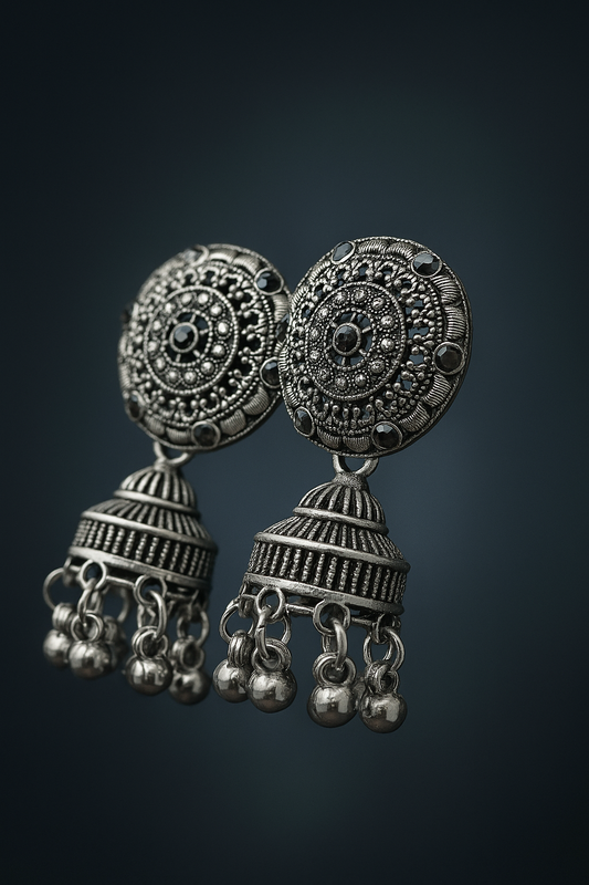 Classic Oxidized Silver Dome Jhumka Earrings – Under 60₹