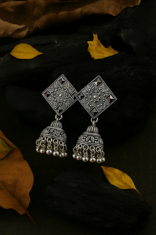 Geometric Oxidized Silver Square Jhumka Earrings – Under 60₹