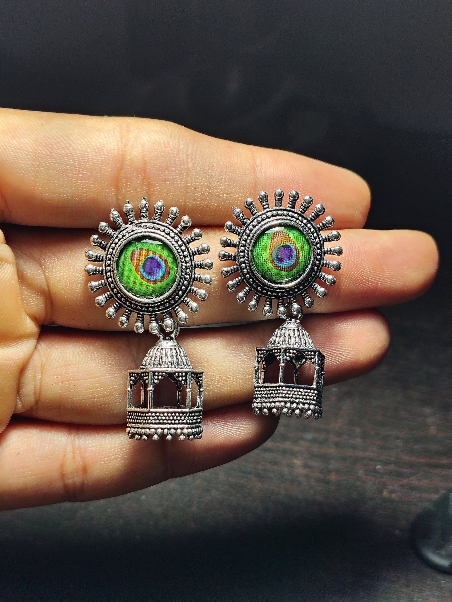Peacock Dome Oxidised Temple Jhumkas - Under ₹60