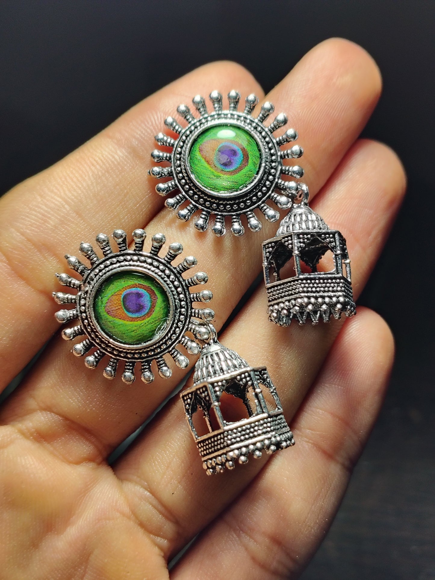 Peacock Dome Oxidised Temple Jhumkas - Under ₹60