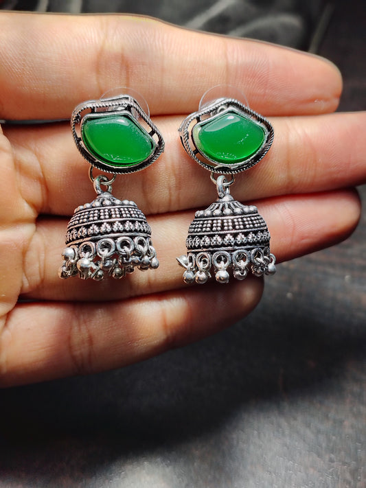Emerald Drop Oxidised Jhumka Earrings - Under ₹60