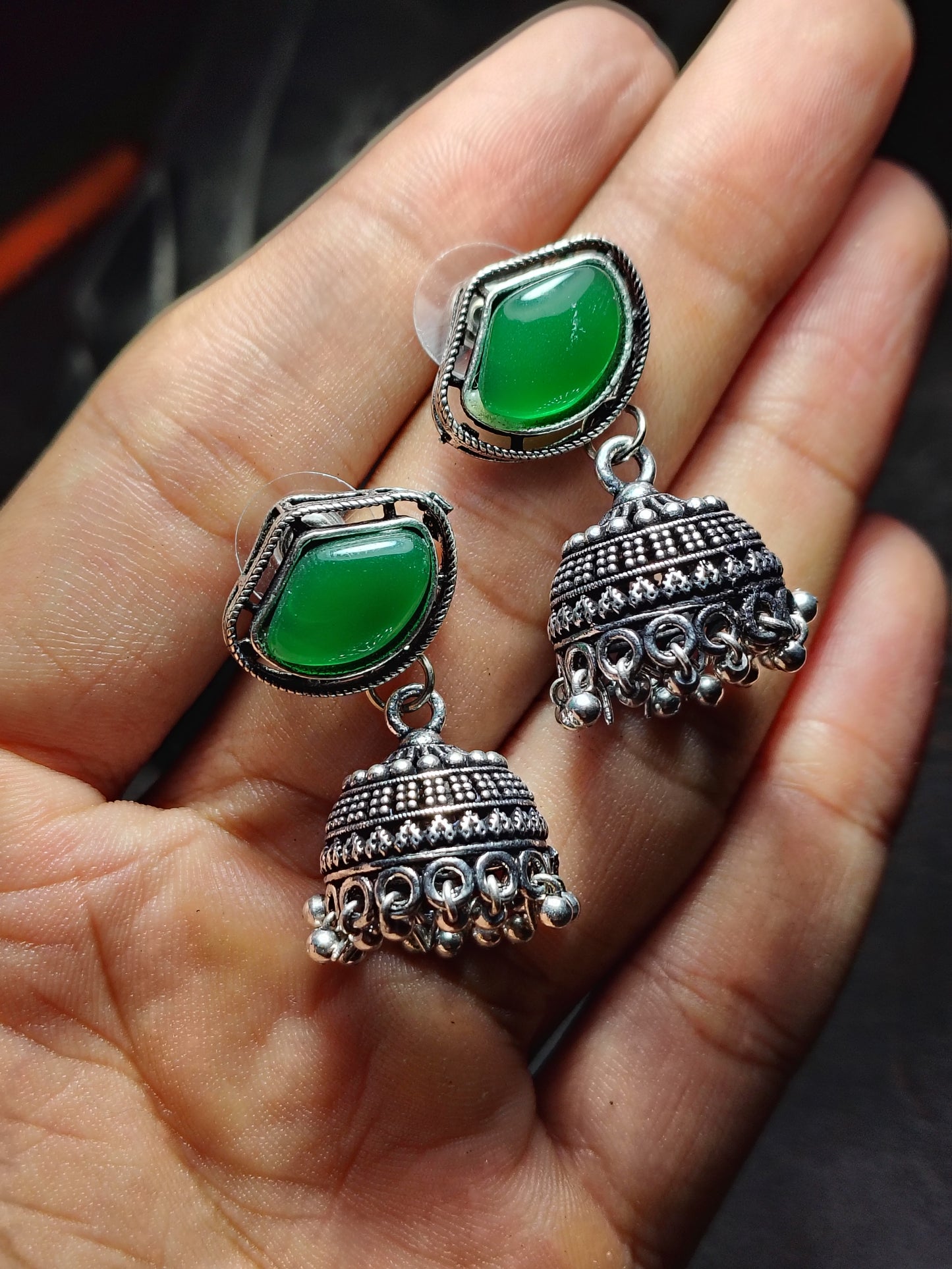 Emerald Drop Oxidised Jhumka Earrings - Under ₹60