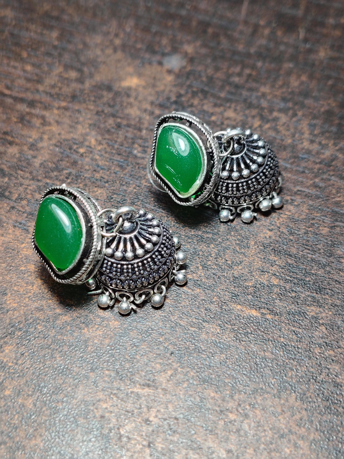 Emerald Drop Oxidised Jhumka Earrings - Under ₹60