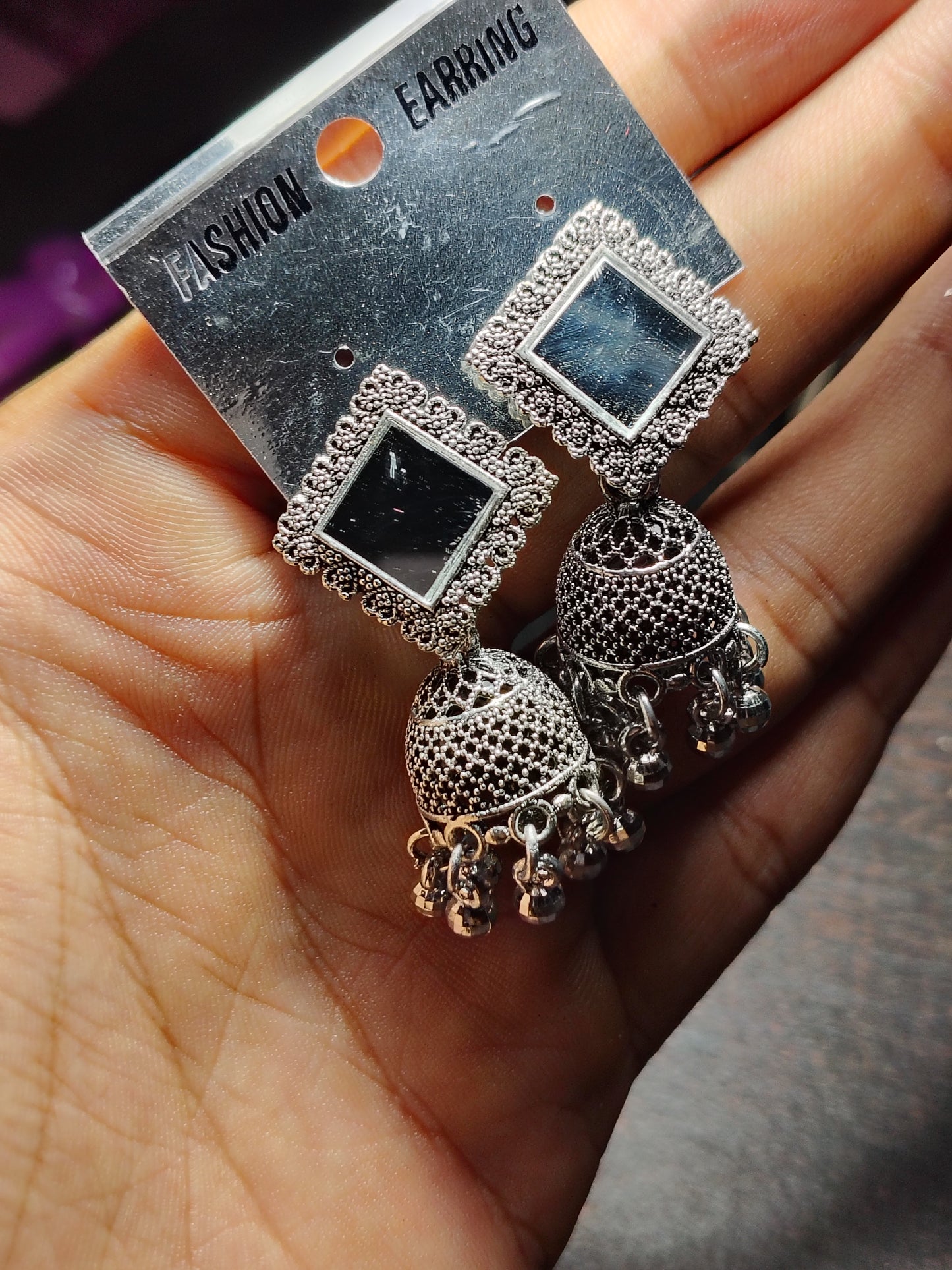 Mirror Shine Oxidised Jhumka Earrings - Under ₹60