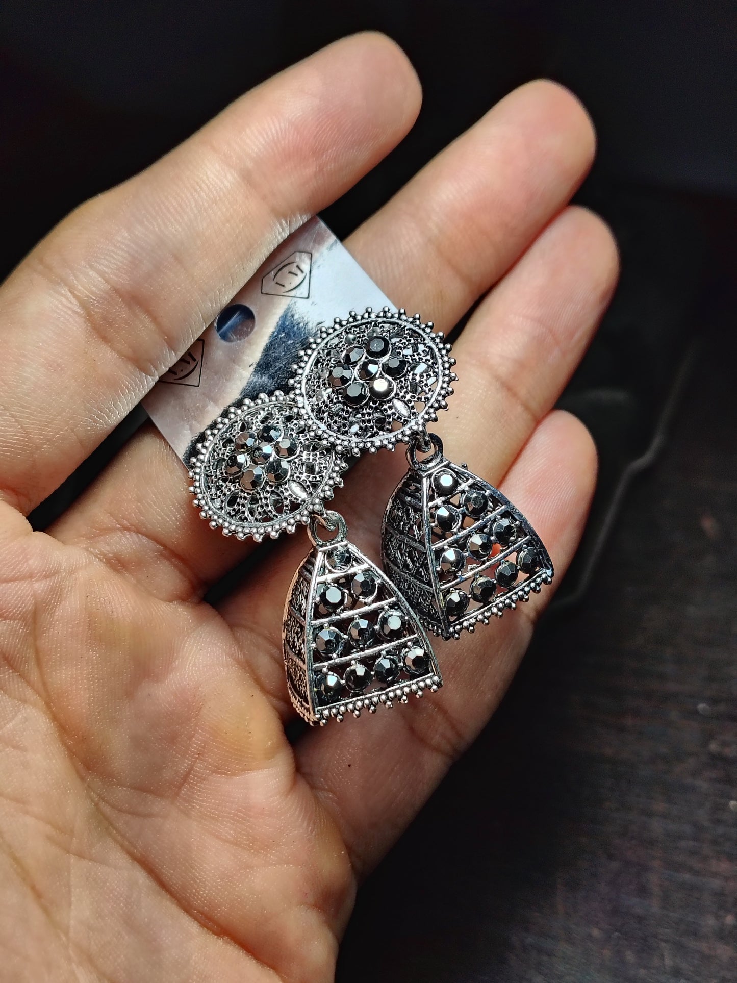 Oxidised Black Stone Jhumka Earrings – Bold & Ethnic - Under ₹60