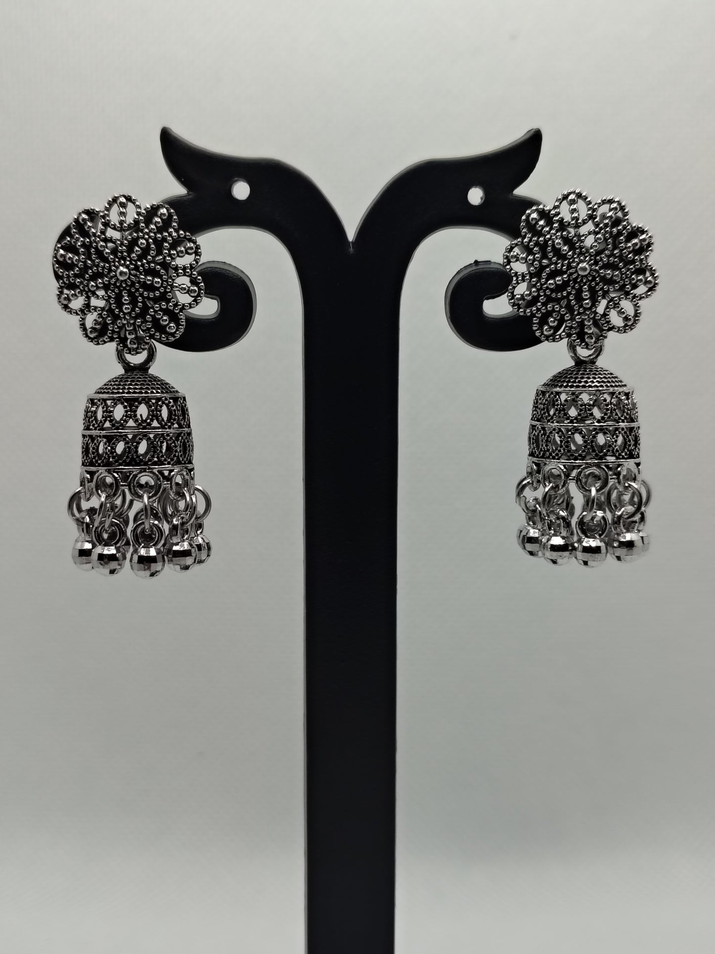 Vintage Floral Filigree Oxidised Jhumkas - Under ₹60