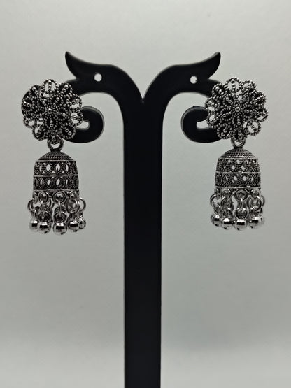 Vintage Floral Filigree Oxidised Jhumkas - Under ₹60