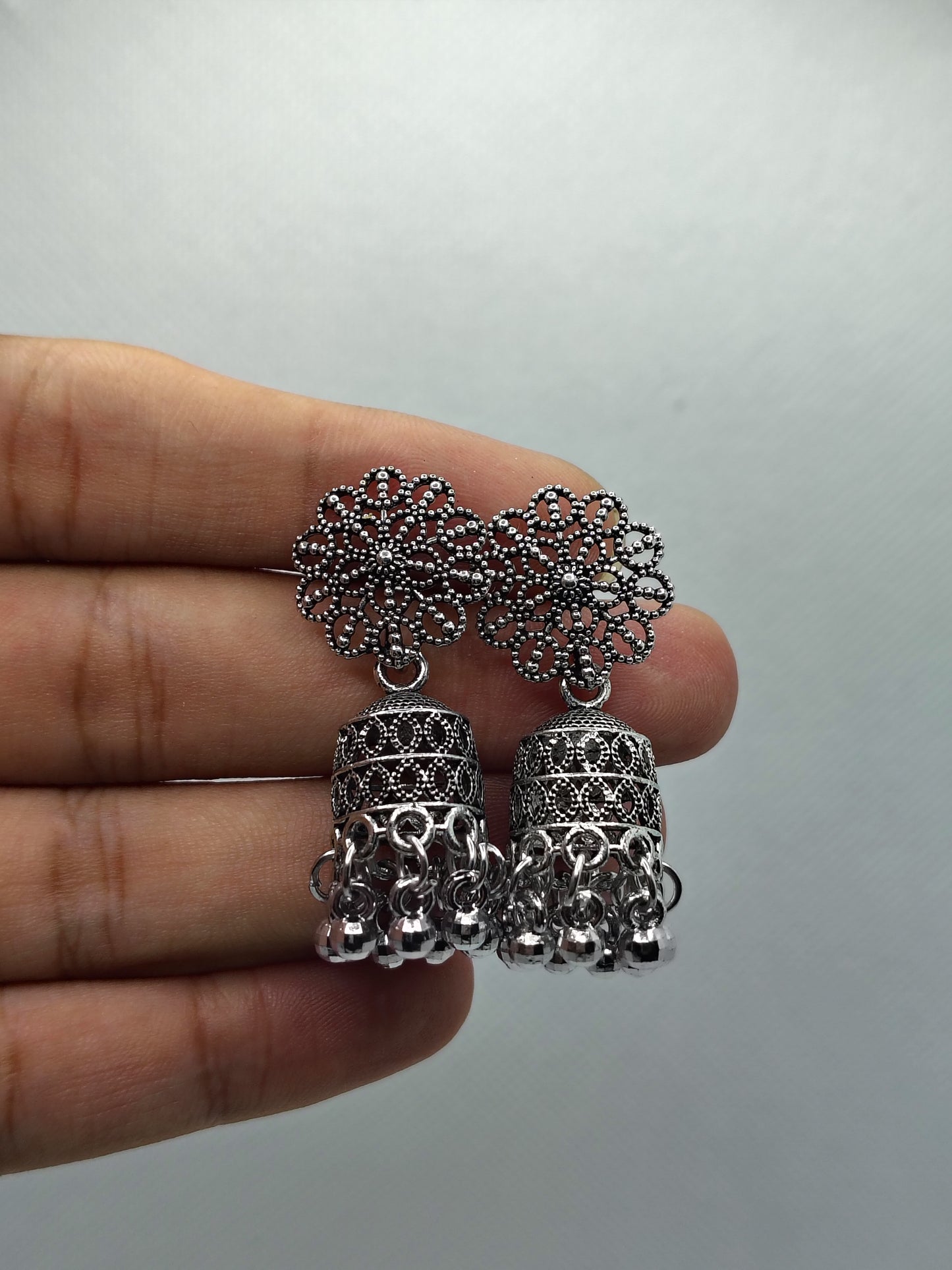 Vintage Floral Filigree Oxidised Jhumkas - Under ₹60