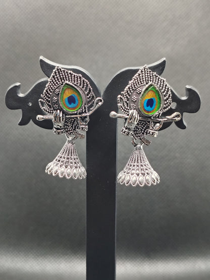 Oxidised Krishna Flute Earrings with Peacock Feather – Under 60₹
