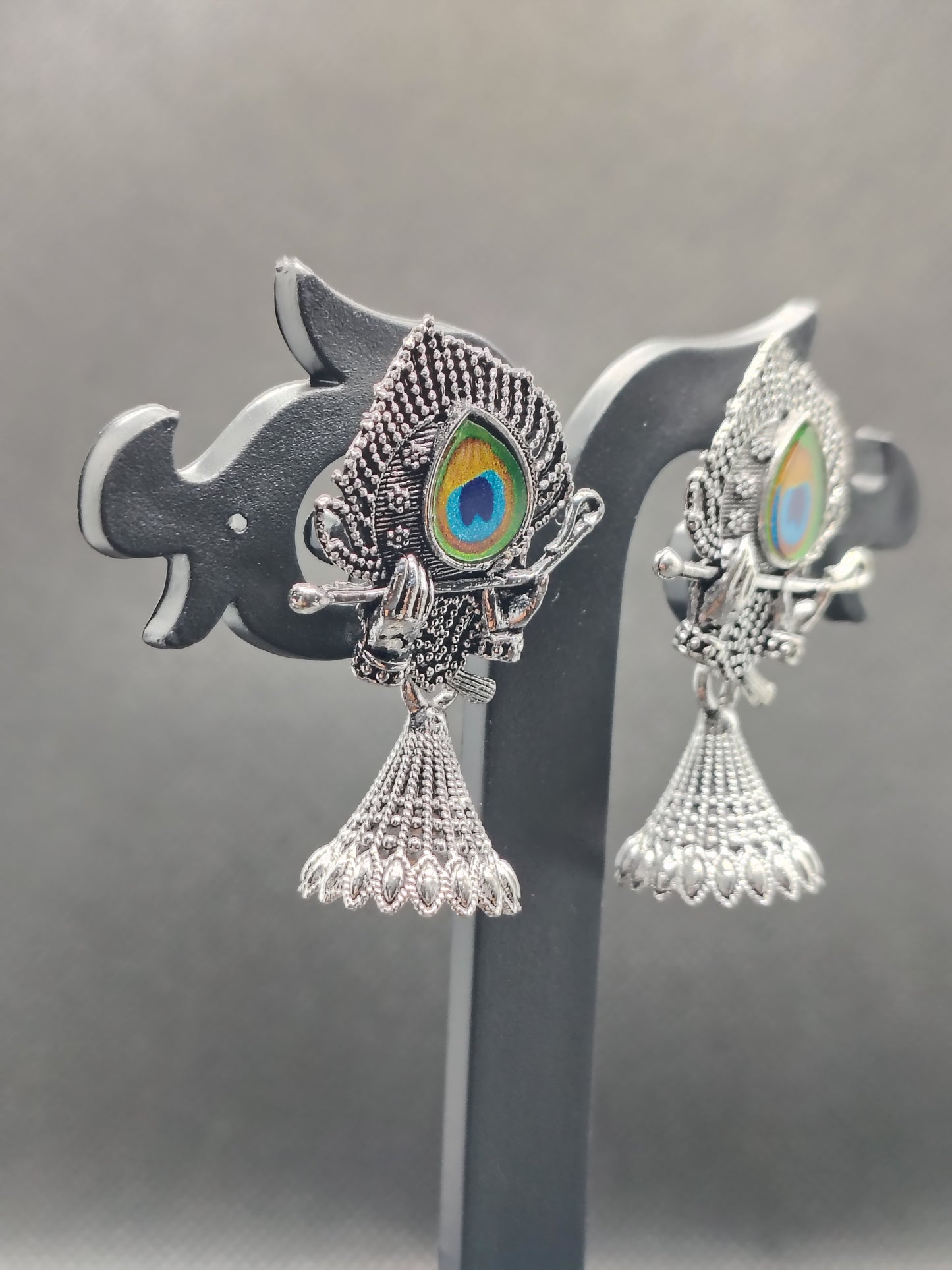Oxidised Krishna Flute Earrings with Peacock Feather – Under 60₹