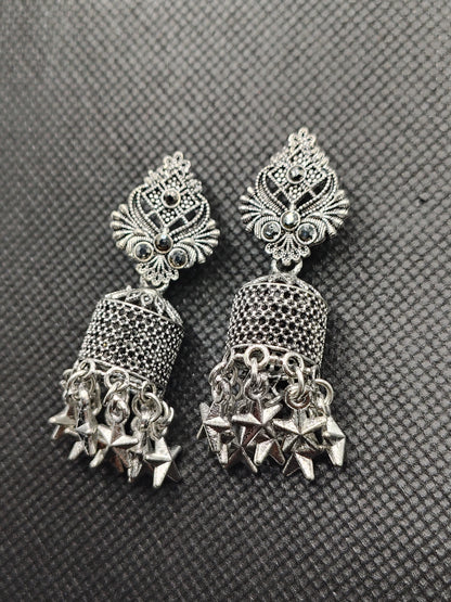 Vintage Oxidized Silver Jhumka Earrings with Star Charms – Under 60₹