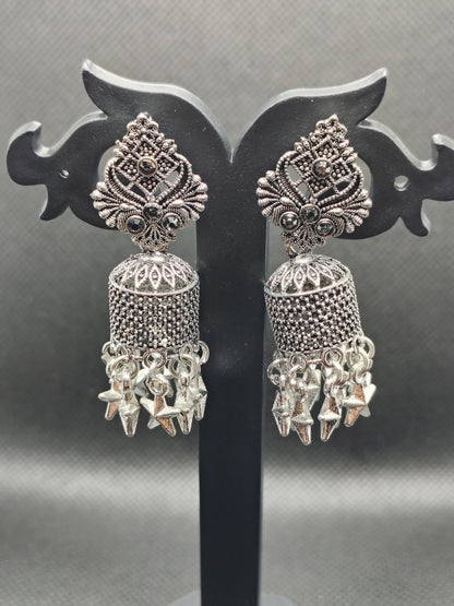 Vintage Oxidized Silver Jhumka Earrings with Star Charms – Under 60₹