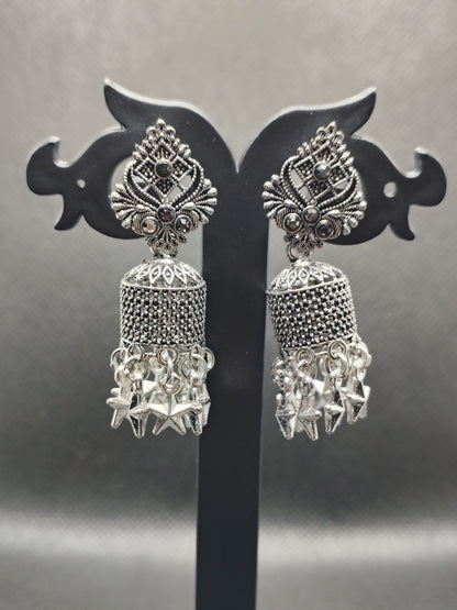 Vintage Oxidized Silver Jhumka Earrings with Star Charms – Under 60₹