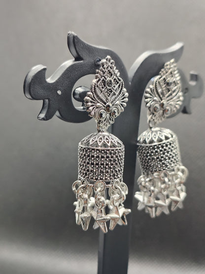 Vintage Oxidized Silver Jhumka Earrings with Star Charms – Under 60₹