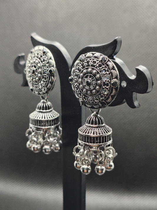 Classic Oxidized Silver Dome Jhumka Earrings – Under 60₹