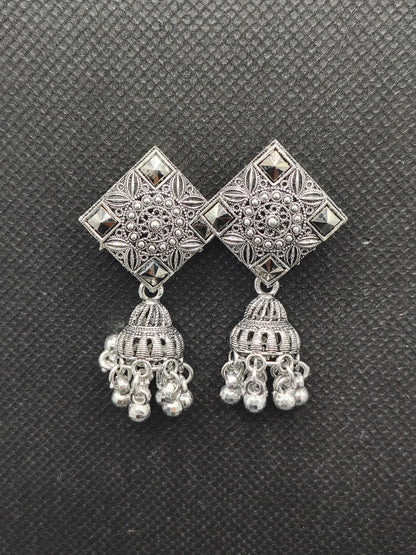 Geometric Oxidized Silver Square Jhumka Earrings – Under 60₹