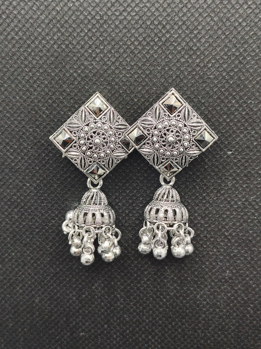 Geometric Oxidized Silver Square Jhumka Earrings – Under 60₹