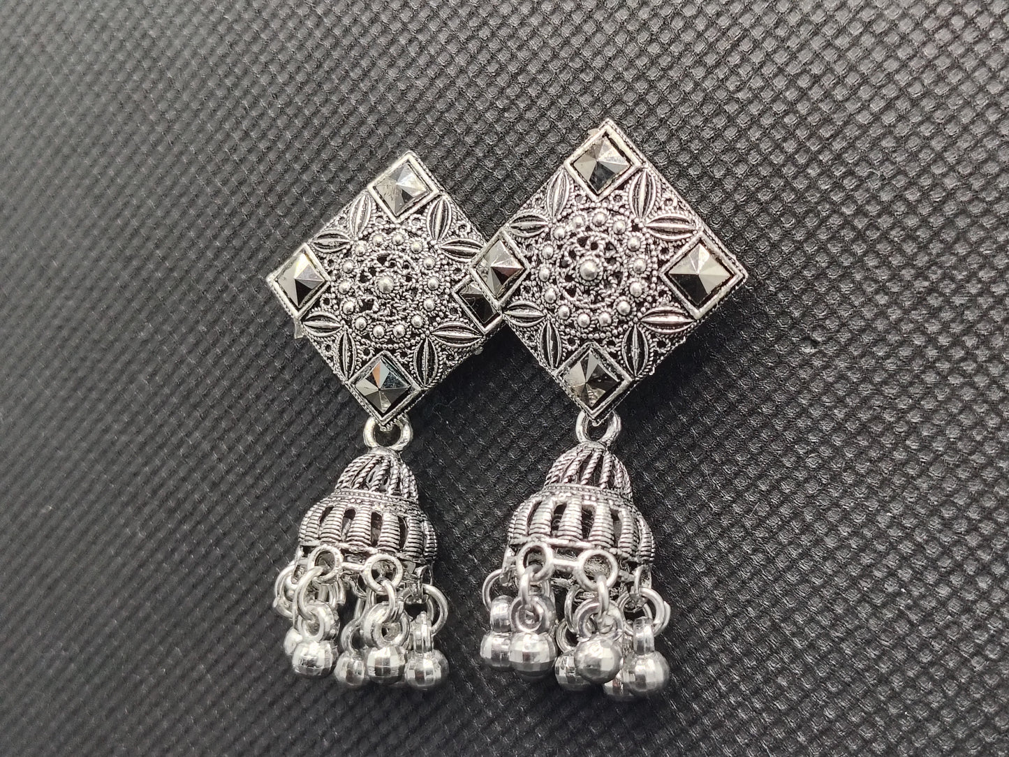 Geometric Oxidized Silver Square Jhumka Earrings – Under 60₹