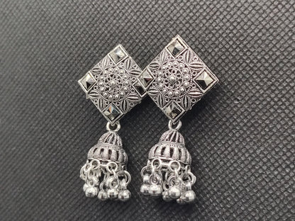 Geometric Oxidized Silver Square Jhumka Earrings – Under 60₹