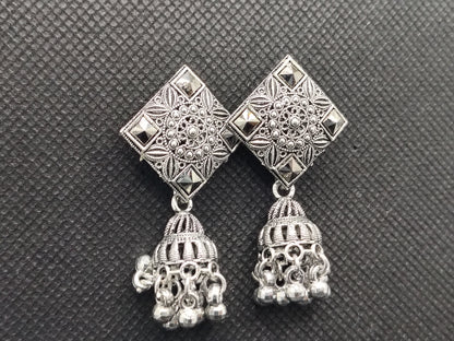 Geometric Oxidized Silver Square Jhumka Earrings – Under 60₹