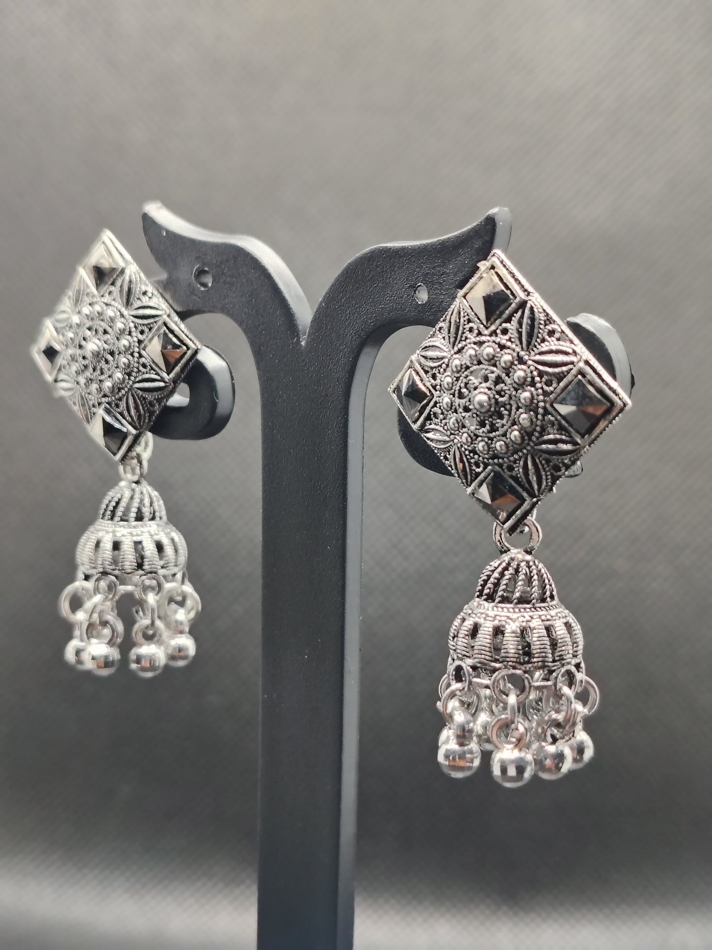 Geometric Oxidized Silver Square Jhumka Earrings – Under 60₹